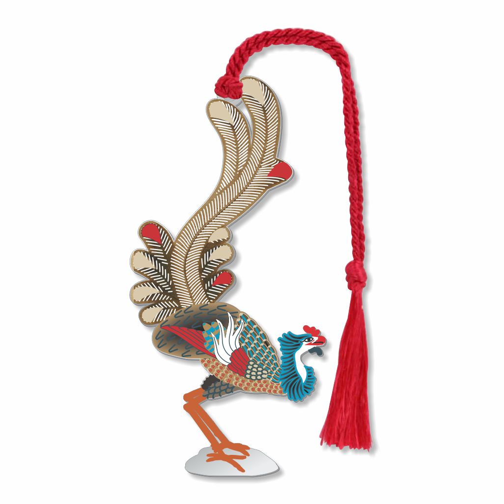 Phoenix metal bookmark featuring a mythical bird detailed multicolored phoenix with gold-toned wings and a red braided tassel.