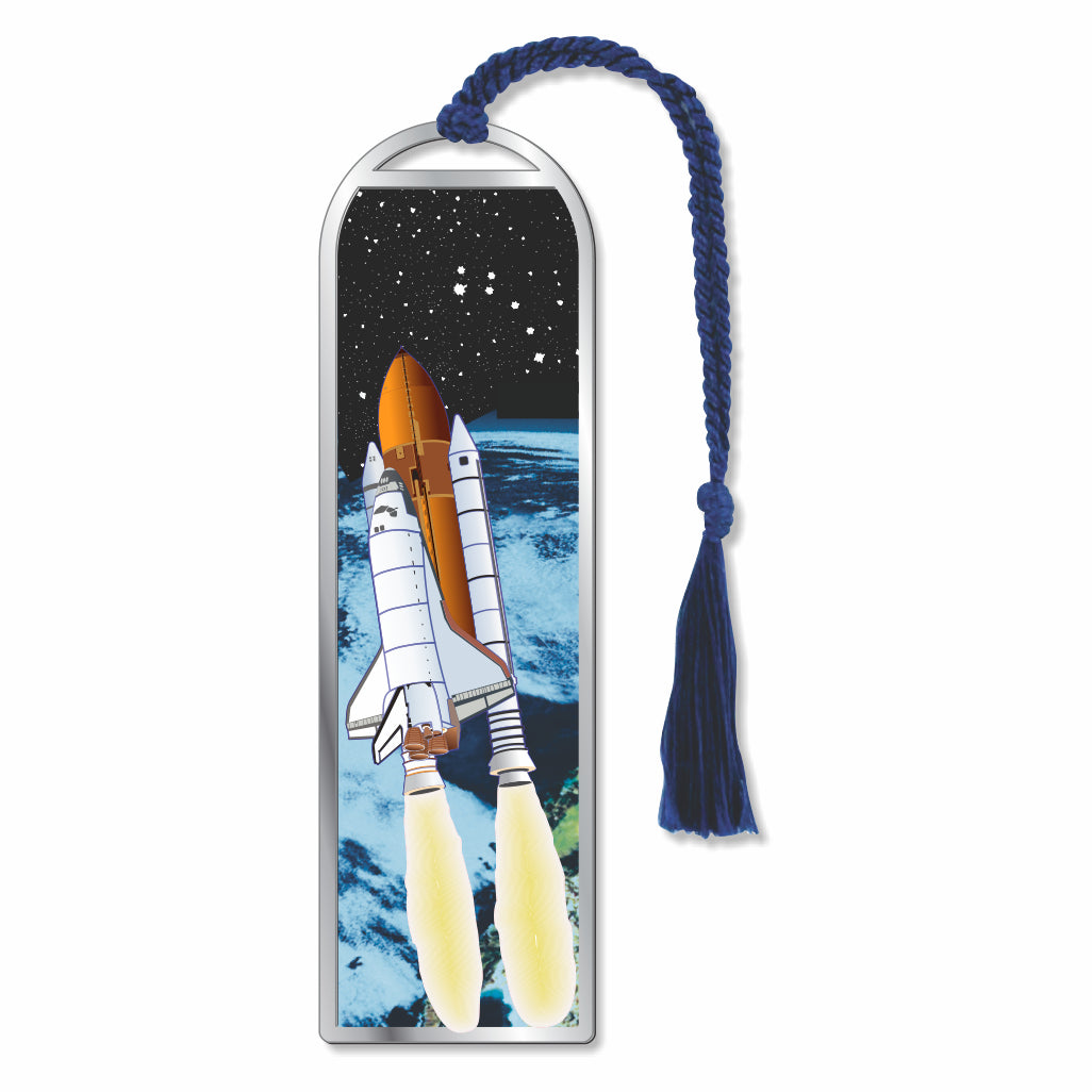 Space Shuttle Metal Bookmark with space shuttle launch against dark sky and smoke trail with blue tassel