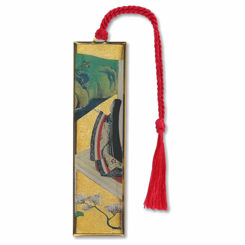 Metal bookmark inspired by The Tale of Genji featuring an 11th-century Japanese court lady in layered robes watching her pet bird escape beside floating cloud motifs this oriental-inspired design with red braided tassel is a a museum-quality, readers' and art gift.