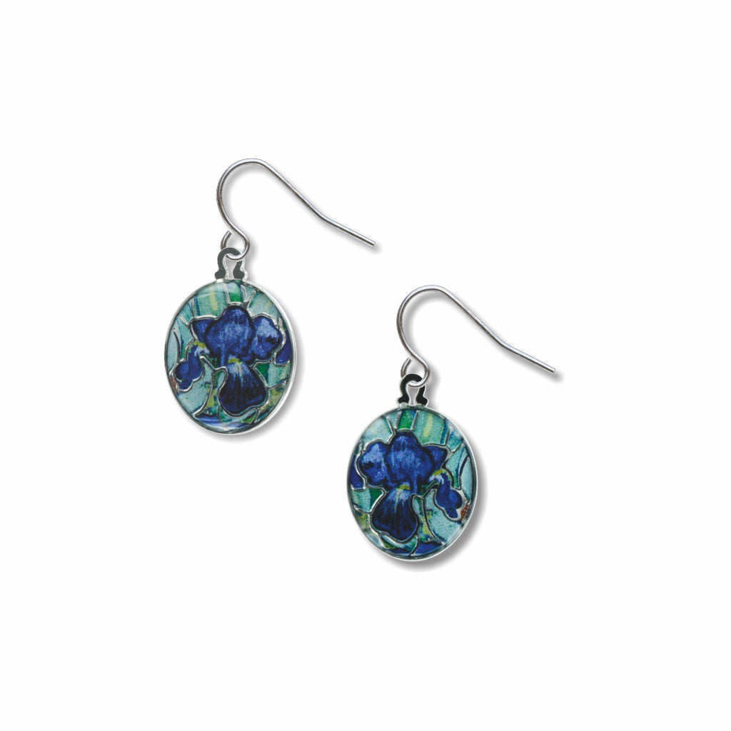Blue Irises inspired art dangle earrings based on Vincent van Gogh painting