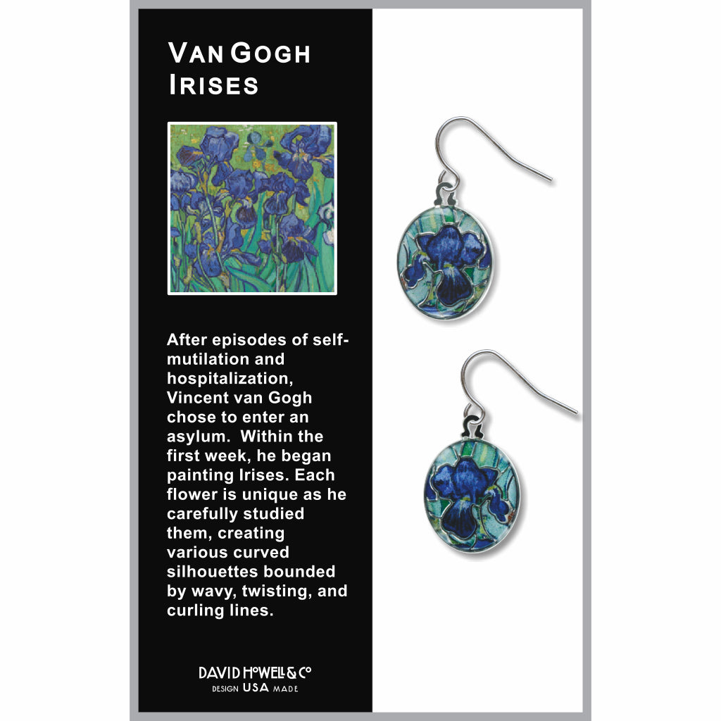 Van Gogh Irises earrings inspired by Vincent van Gogh’s celebrated iris paintings, featuring rich blue floral artwork set in oval silver-tone drops.