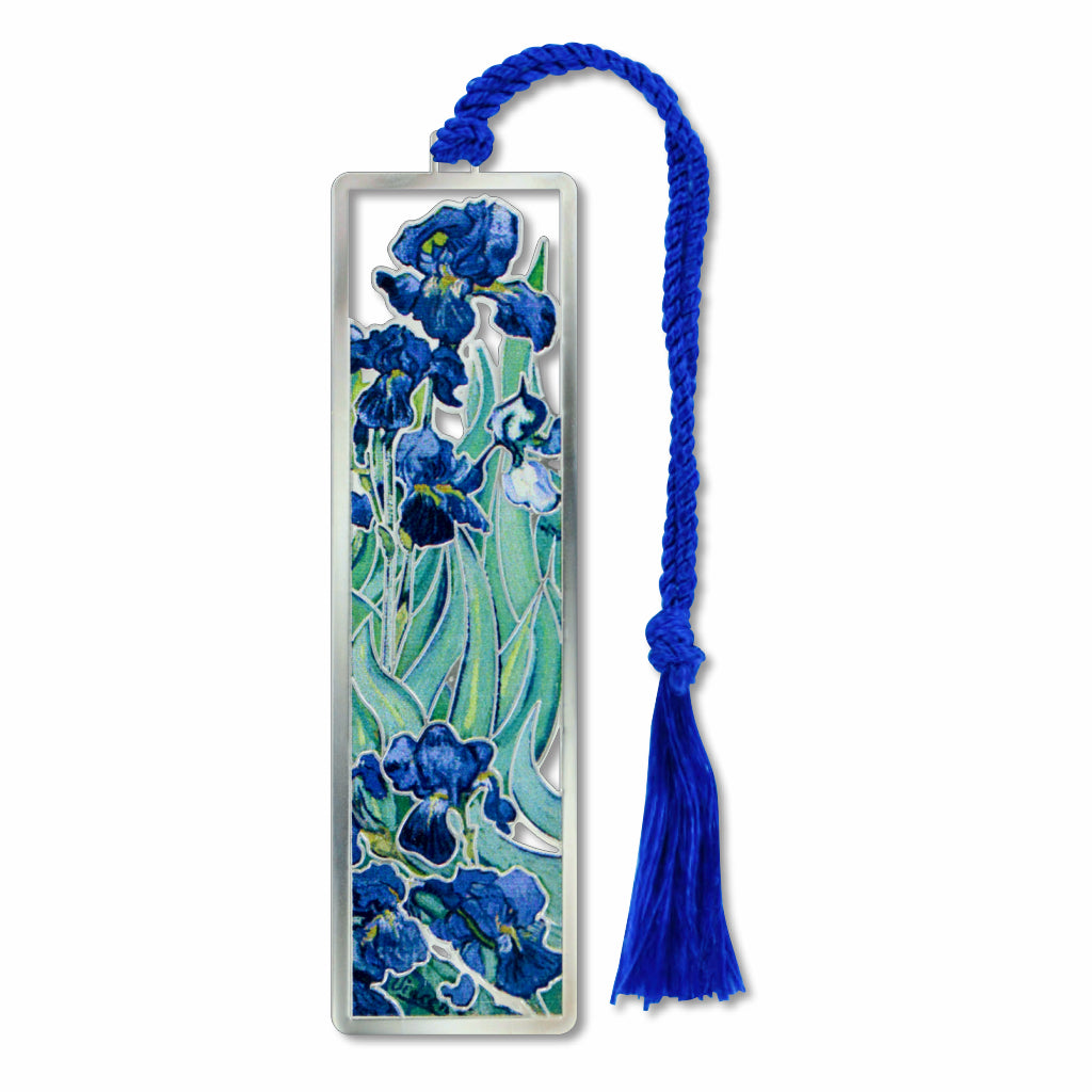 Van Gogh decorative bookmark with blue floral iris design with braided blue tassel .