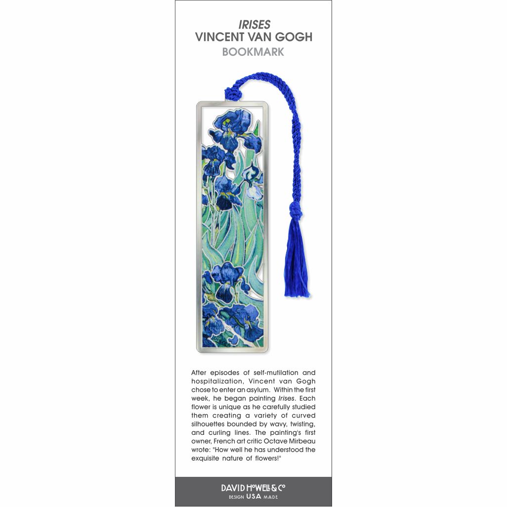 Irises Vincent van Gogh bookmark featuring vibrant blue irises inspired by Van Gogh’s iconic painting, finished with a silver-tone frame and bright blue tassel.