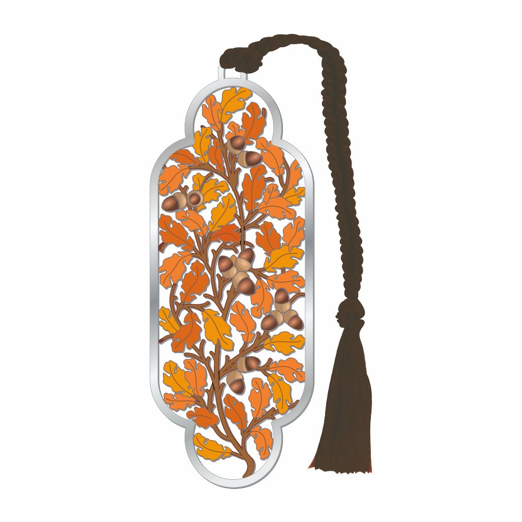 Decorative William Morris metal bookmark with oak autumn leaves and acorns from Arts and Crafts Movement