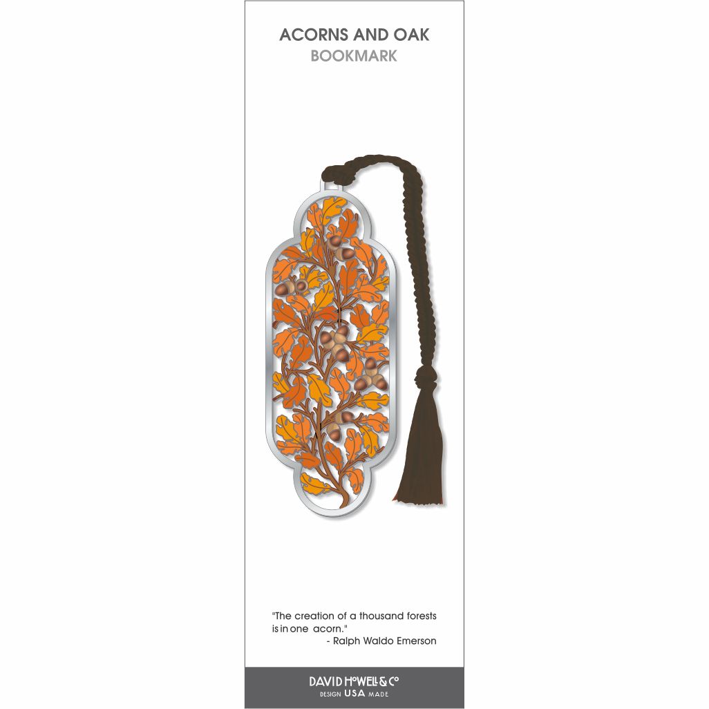 Acorns and Oak bookmark featuring detailed oak leaves and clustered acorns in warm autumn tones, accented with a brown tassel and silver-tone border.
