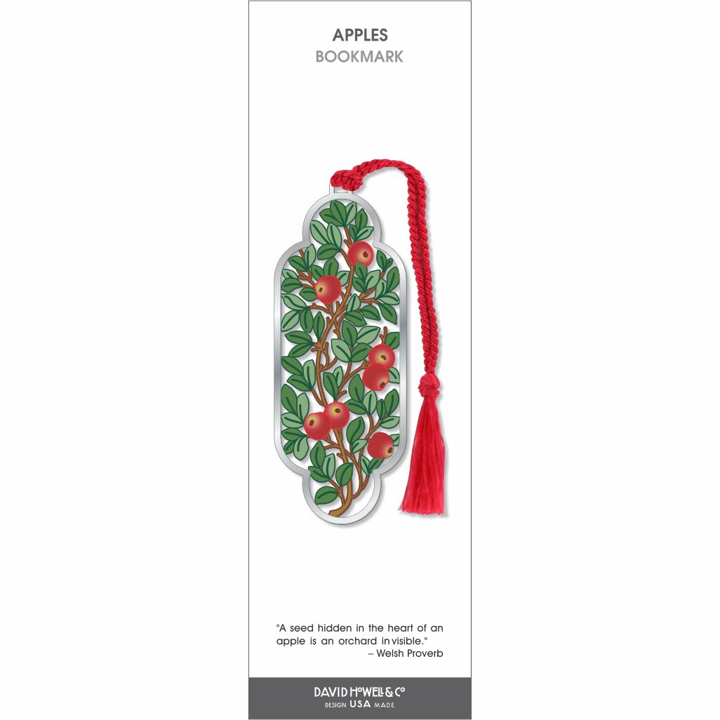 Apples bookmark featuring red apples and green leaves on branching vines, finished with a bright red tassel and silver-tone border.