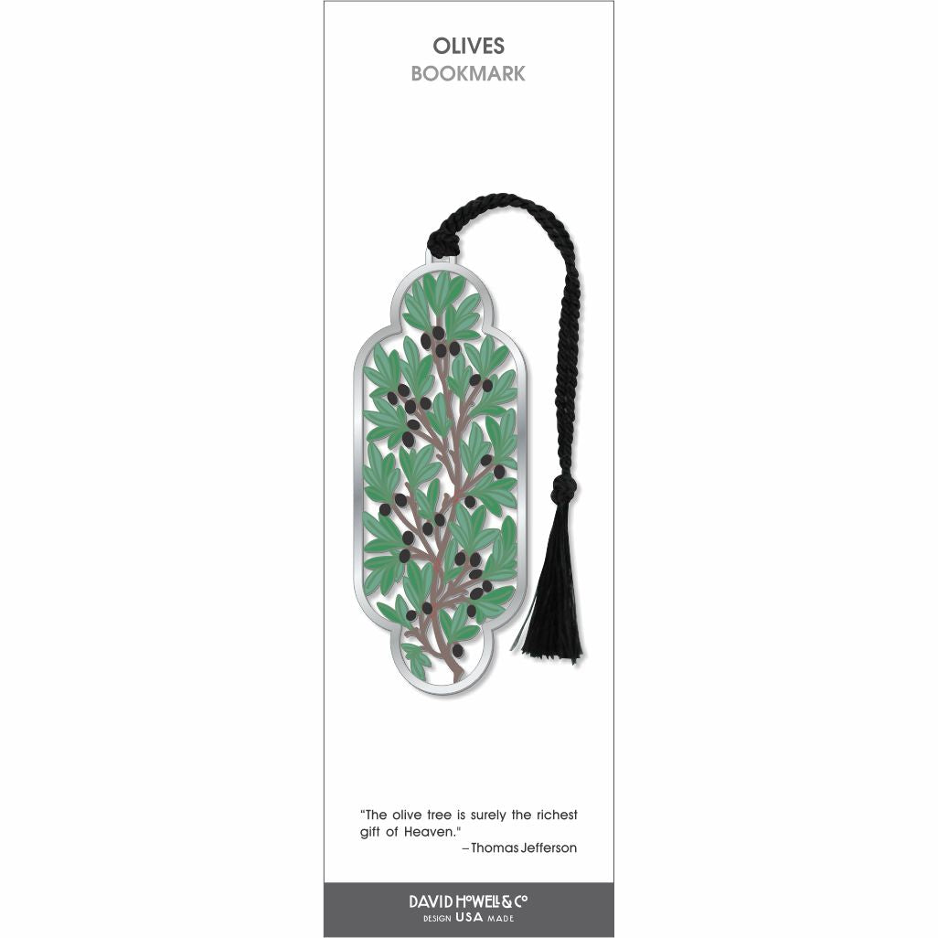 Olives bookmark featuring olive branches with green leaves and dark olives, framed in silver-tone metal with a coordinating black tassel.