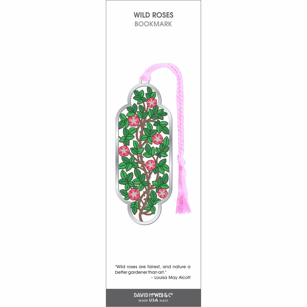 Wild Roses bookmark featuring pink wild rose blossoms and green leaves on intertwining vines, finished with a soft pink tassel and silver-tone border.