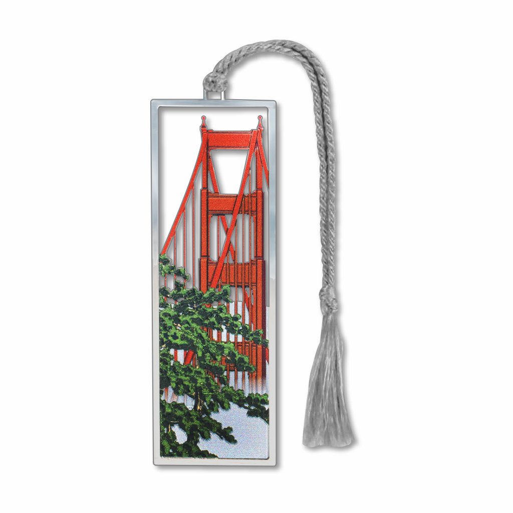 A metal bookmark with a depiction of the Golden Gate Suspension Bridge with greenery, finished in silver with a silver braided tassel.