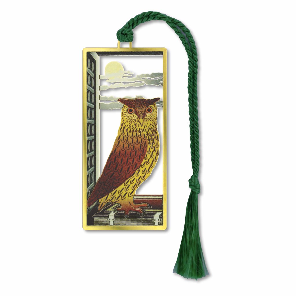 Metal bookmark featuring an owl-inspired design symbolizing wisdom and knowledge, inspired by the nursery rhyme “A Wise Old Owl” and the owl associated with Athena in ancient Greek mythology with green braided tassel.