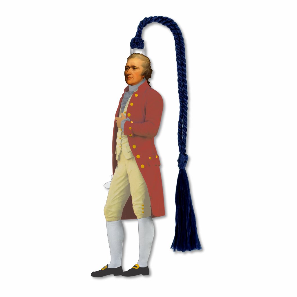 An metal bookmark illustration of Alexander Hamilton with a long coat adorned with navy braided tassel.