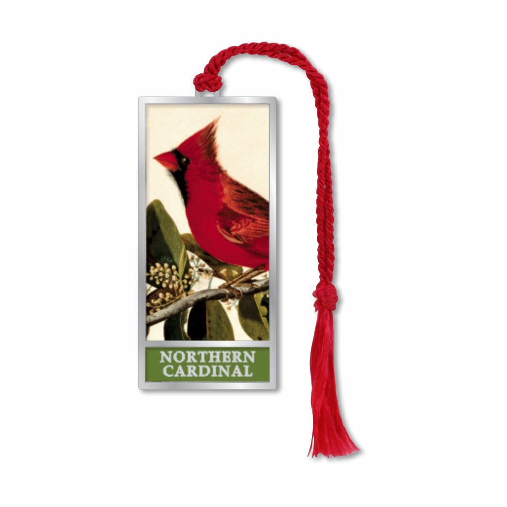 A metal bookmark featuring a red Northern Cardinal bird with a red tassel, based on John James Audubon's artwork.