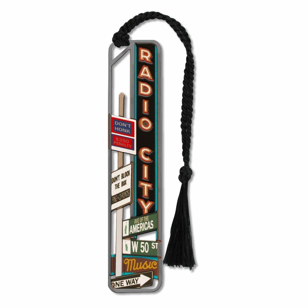 Avenue of the Americas & 50th Street metal bookmark featuring the iconic Radio City Music Hall marquee at Rockefeller Center in New York City with black braided tassel.