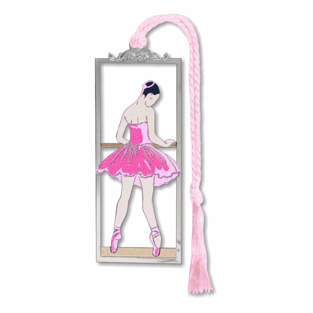 Ballet dancer at the barre metal bookmark featuring a graceful ballerina practicing warm-up and training exercises at a ballet barre with pink braided tassel.