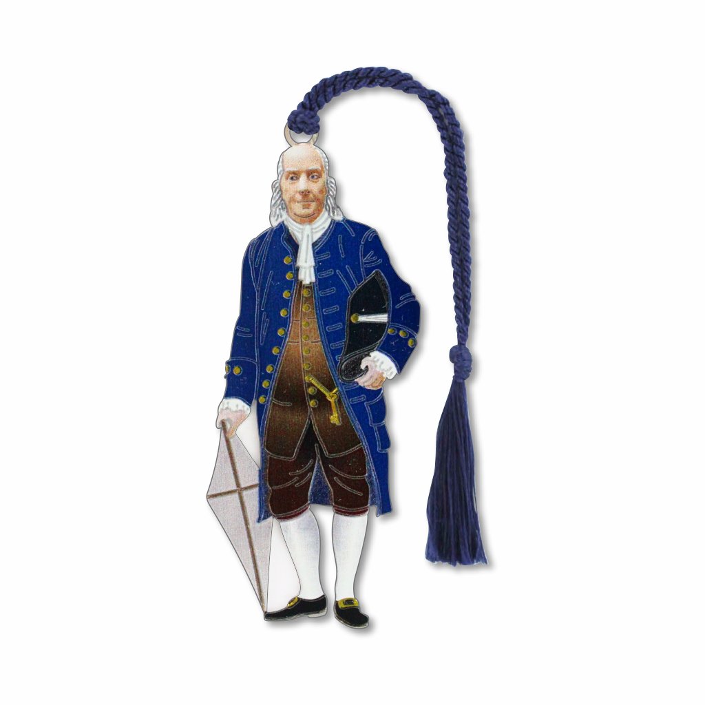 A brass bookmark with an electro-plated silver finish, featuring an image of Benjamin Franklin holding a kite, with a blue braided tassel.