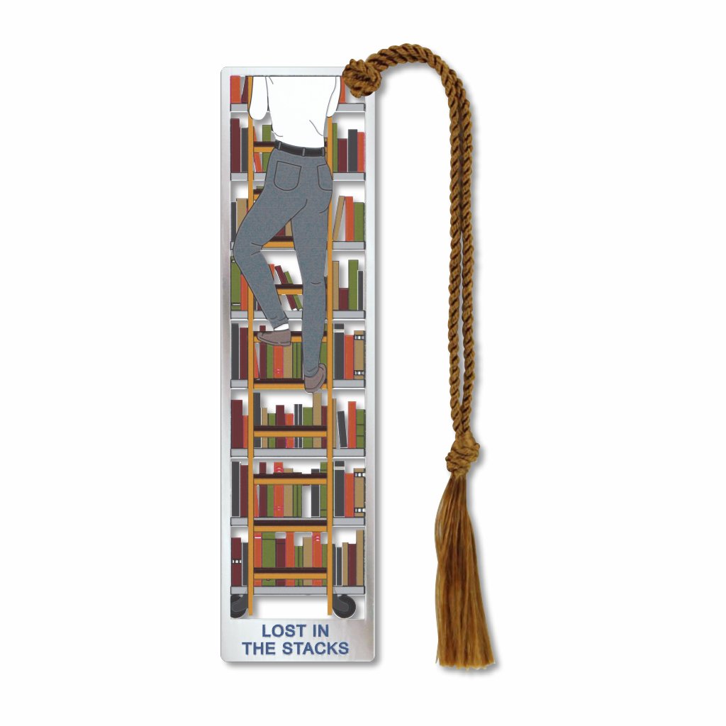Book Lovers metal bookmark celebrating the joy of reading and literature, featuring famous quotations by William Faulkner, Francis Bacon, Frank Zappa, Mark Twain, Sydney Smith, and Thomas Aquinas. The bookmark honors book lovers with reflections on reading, learning, writing, and the lasting value of books with brown braided tassel.
