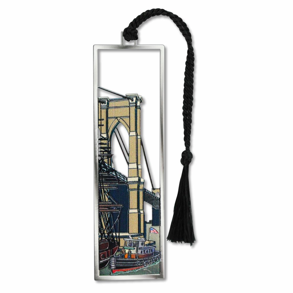 A silver metal bookmark with a depiction of the Brooklyn Bridge and a boat with a black tassel.