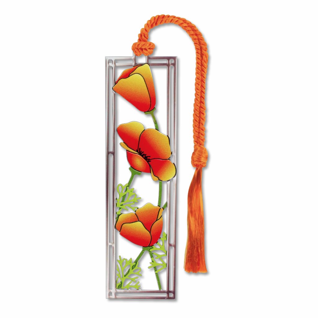 A silver metal bookmark with a depiction of orange California poppies and an orange tassel.