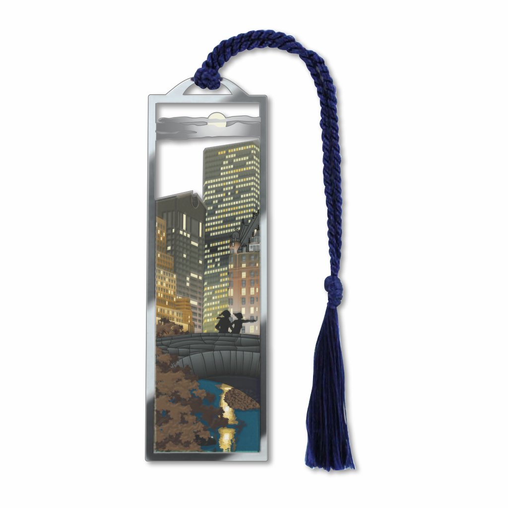 Central Park Viewing South’ metal bookmark featuring Gapstow Bridge, NYC skyline at dusk, and a blue tassel.