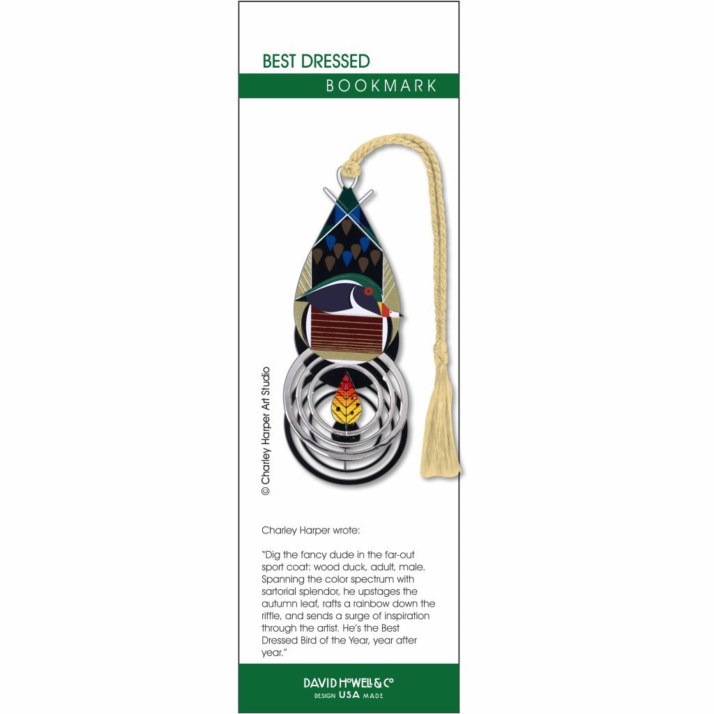 Charley Harper metal bookmark of a duck with an autumn leaf and cream braided tassel.