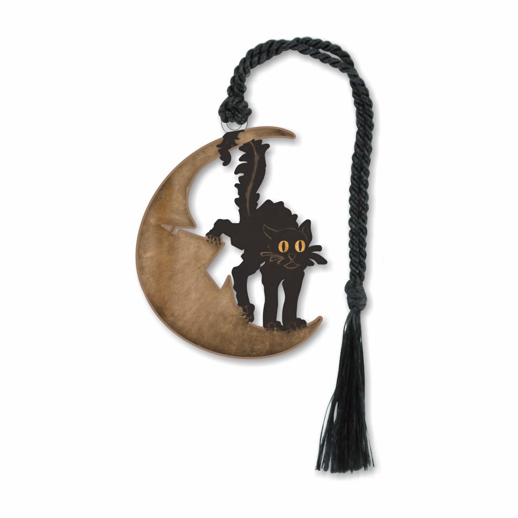 Chat-Noir Cabaret Sign Metal Bookmark designed with a crescent moon and a black cat silhouette, with a braided black tassel.