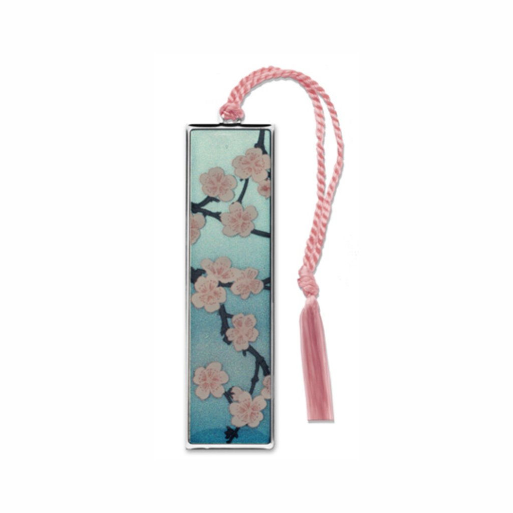 Cherry Blossom Metal Bookmark featuring delicate cherry blossoms, capturing the spring Sakura season with soft pink floral imagery on a blue background with pink braided tassel for a museum-quality cherry blossom season gift, readers, and art gift.