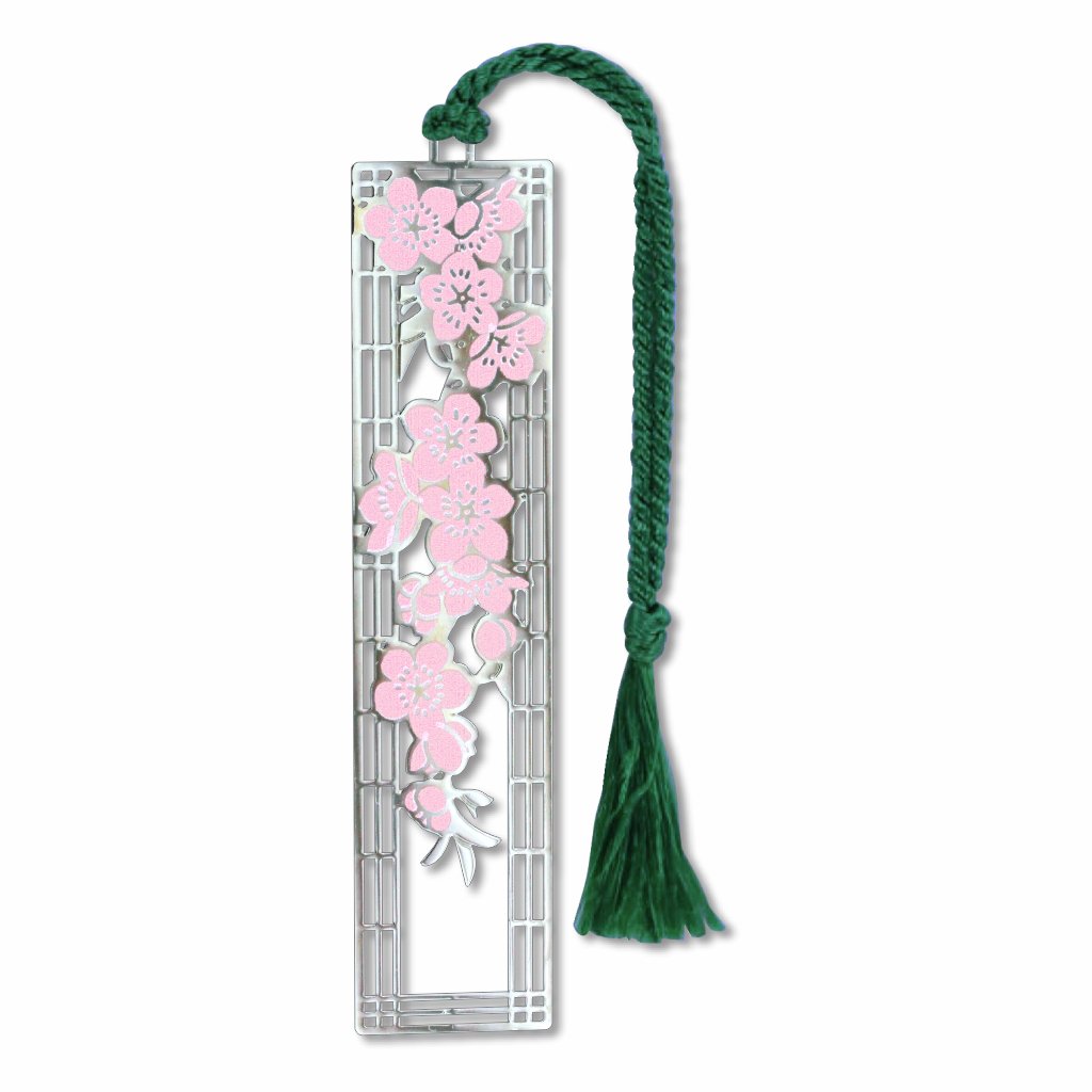 Cherry Blossom Metal Bookmark delicate cherry blossoms capturing the spring Sakura season with soft pink floral imagery with green braided tassel.
