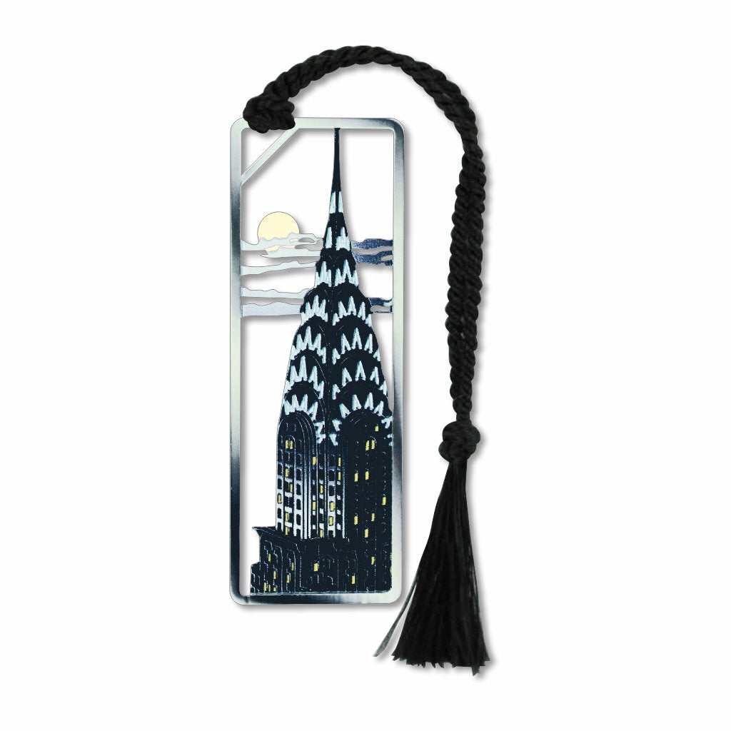 Chrysler Building metal bookmark inspired by the Art Deco skyscraper in New York City, featuring its iconic terraced crown and eagle ornament details with black braided tassel.