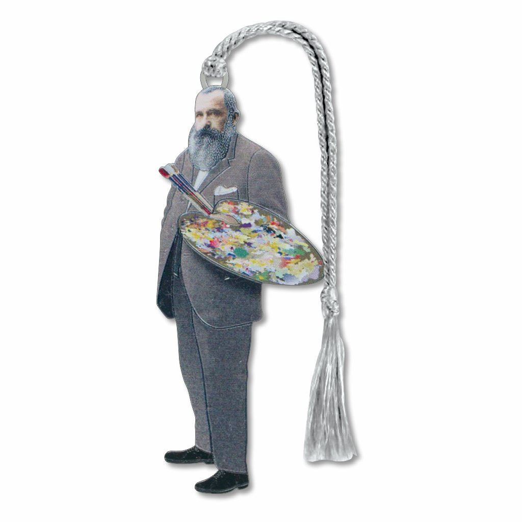 A silver metal bookmark in the form of a portrait of Claude Monet holding a paint palette with gray braided tassel.