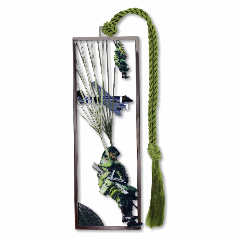 Airplane and 2 D-Day landing-airborne-troops-bookmark with green braided tassel.
