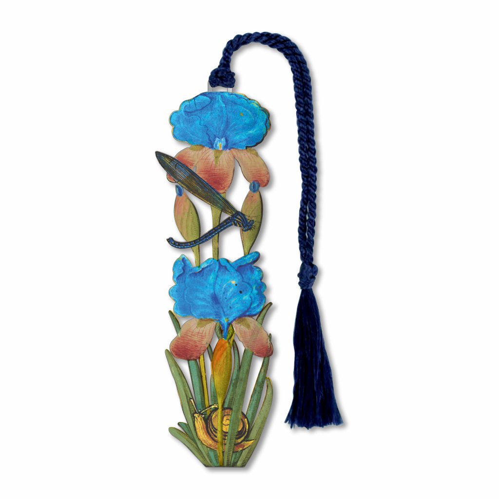 A metal bookmark with a design depicting a damselfly, snail, and iris, finished in silver with a blue tassel.