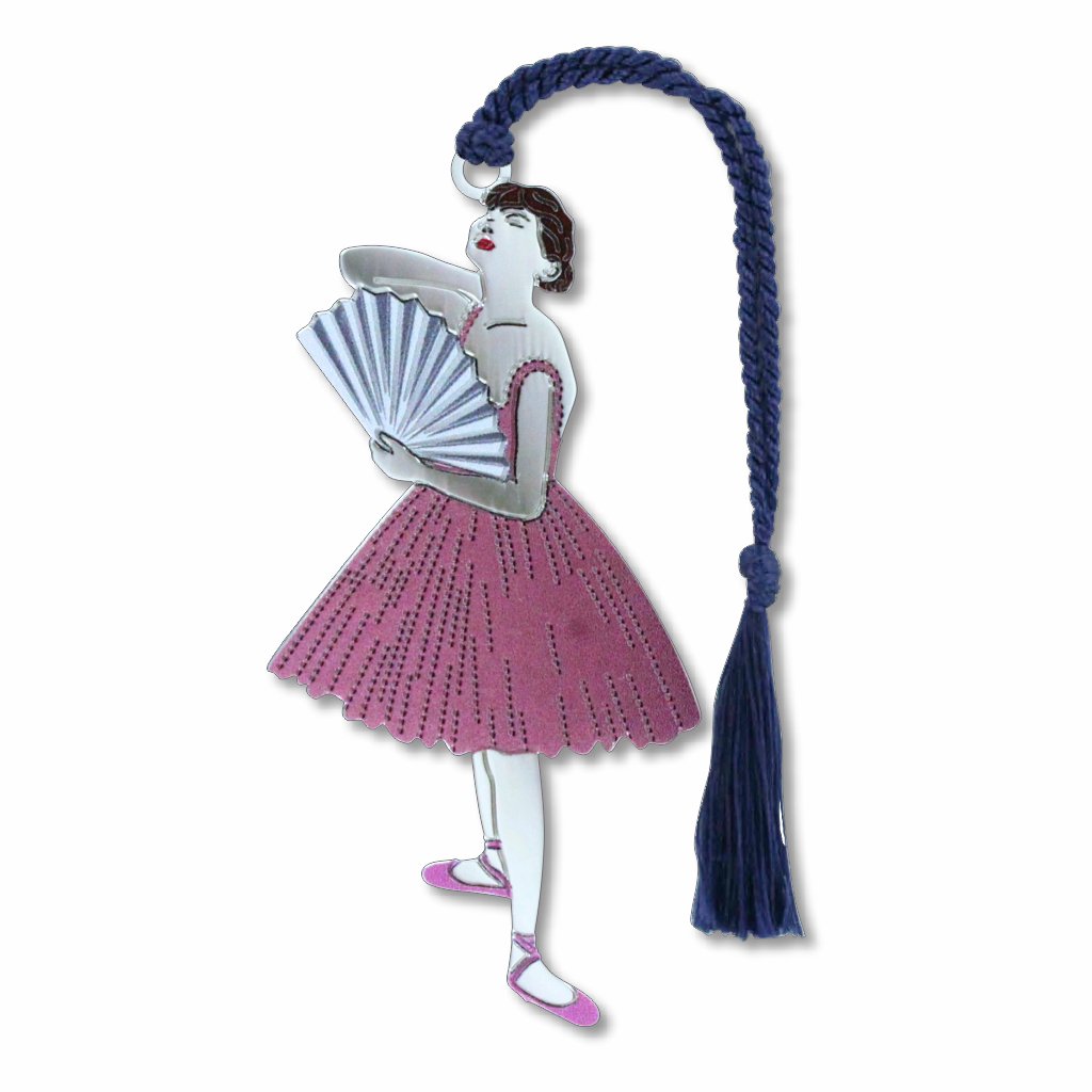 Degas Dancer with Fan metal bookmark inspired by Edgar Degas’ ballerina sketches, featuring a graceful ballet dancer holding a fan in motion with navy braided tassel.