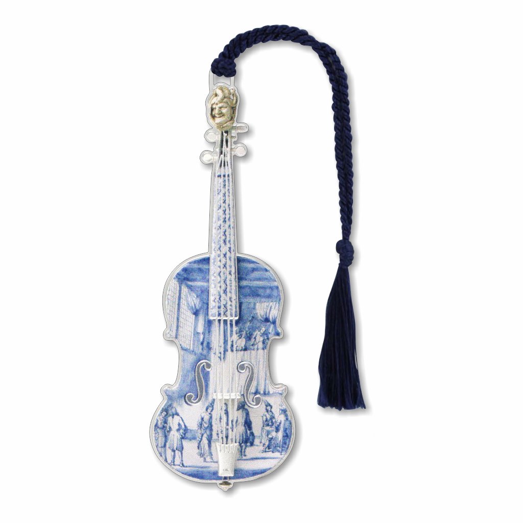 Delft Violin metal bookmark featuring a blue-and-white design inspired by 18th-century Dutch Delftware ceramics. The violin form reflects a decorative faience style associated with the Netherlands, adorned with a whimsical scene of Dutch society and a stylized singing face at the top, emphasizing humor and ornament rather than musical accuracy with navy braided tassel.
