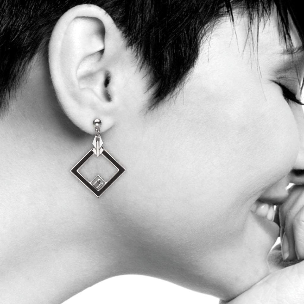 May House Design Earrings, Black/Crystal