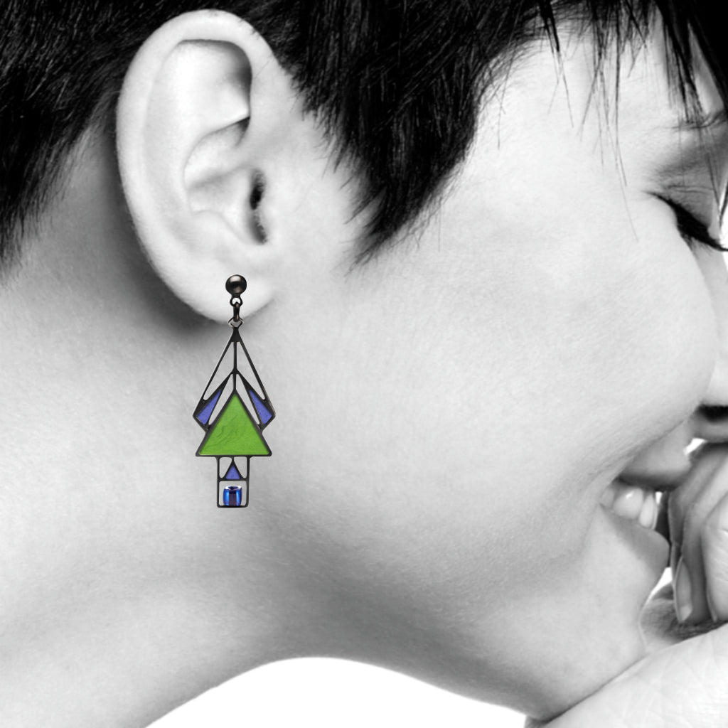 Marion Mahony Stained Glass Window Earrings, Green/Blue