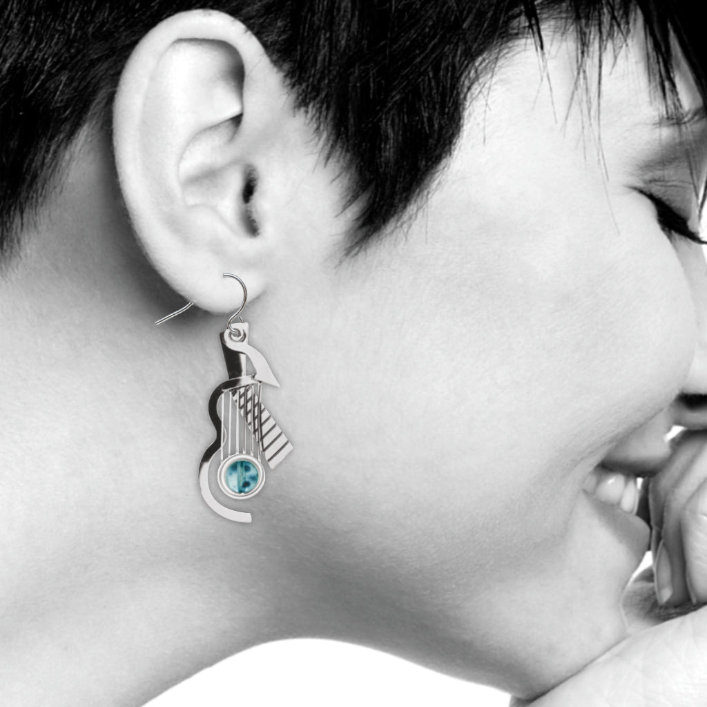 Cubist Guitar Earrings, Silver/Blue Bead
