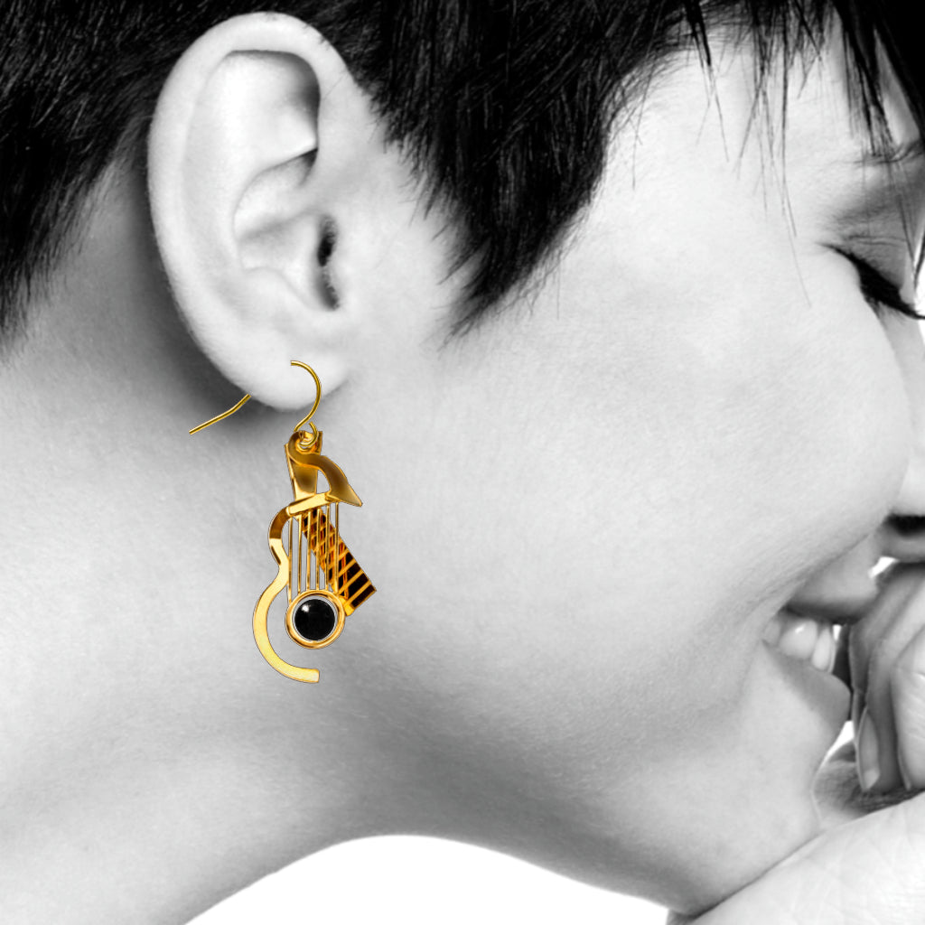Cubist Guitar Gold Earrings, Black Bead