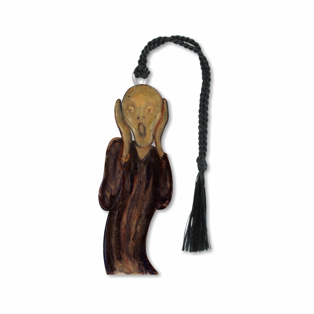 The Scream by Edvard Munch depicts a haunting figure clutching their face beneath a swirling blood-red sky above a fjord and distant cityscape. Inspired by Munch’s experience of feeling “a scream passing through nature,” the painting conveys intense anxiety, isolation, and emotional anguish through vivid color and dramatic expressionist forms with brown braided tassel.