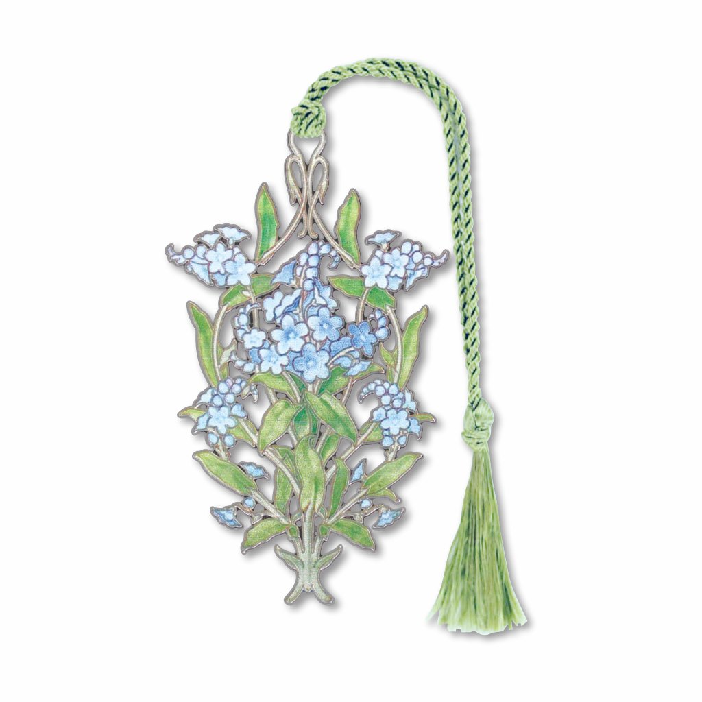 A metal bookmark in the shape of a floral design with blue flowers and a green tassel, electro-plated with non-tarnishing silver.