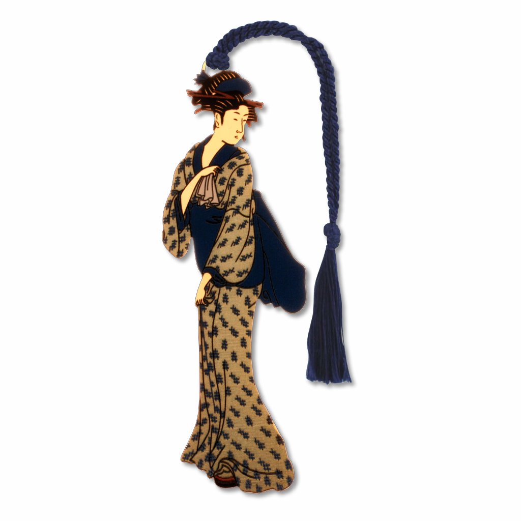 Geisha Walking metal bookmark inspired by Kitagawa Utamaro ukiyo-e courtesan art from Edo-period Japan with navy braided tassel.