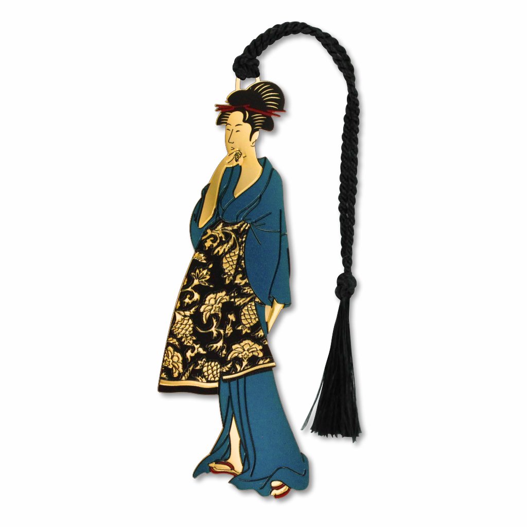 Geisha at Night metal bookmark inspired by Kitagawa Utamaro ukiyo-e courtesan art from Edo-period Japan with black braided tassel.
