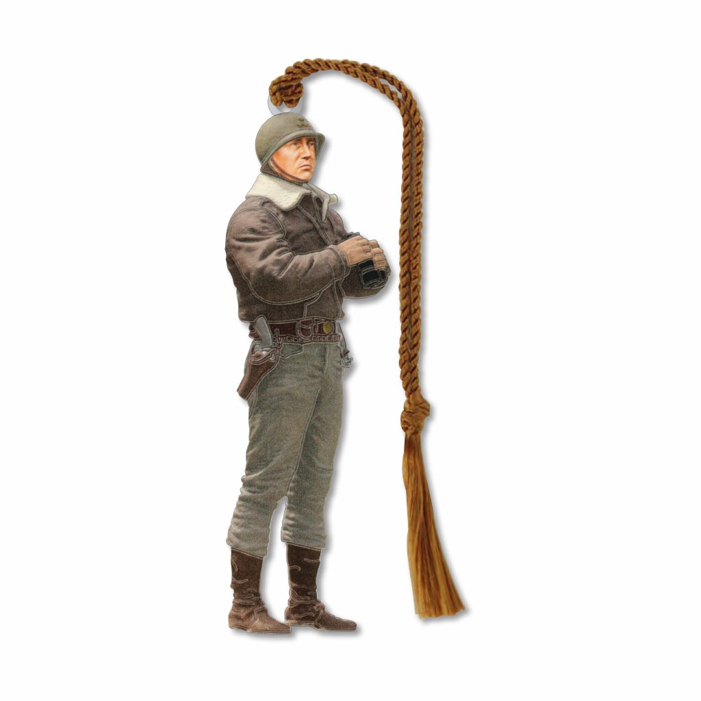 A metal bookmark of General George Smith Patton, Jr. in a military uniform, holding binoculars with brown tassel.