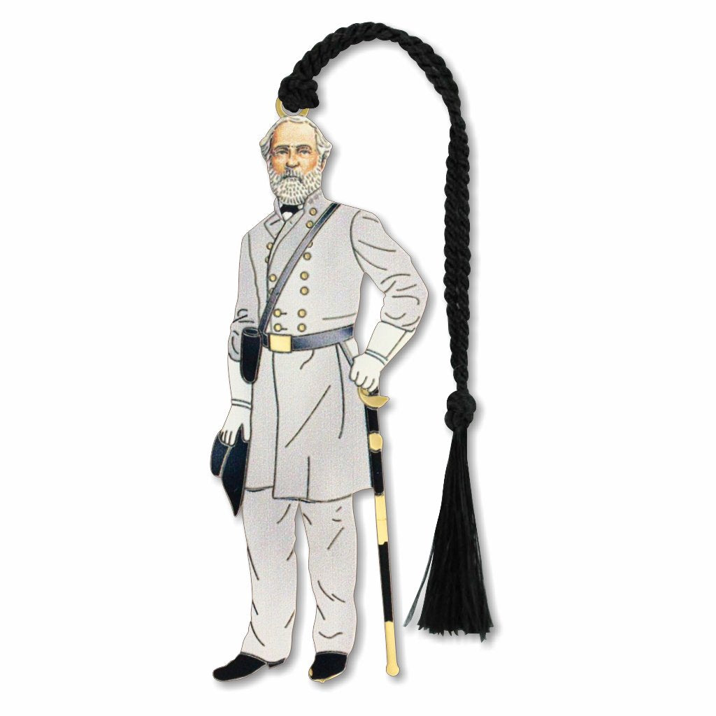 A silver metal bookmark featuring an illustration of General Robert E. Lee in Confederate general's uniform, holding a sword, with a black braided tassel.