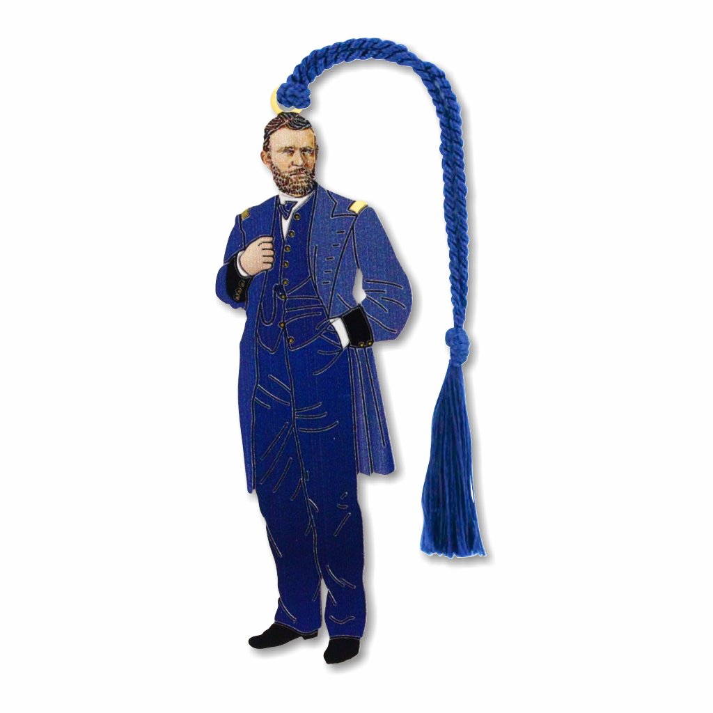 A silver metal bookmark shaped like Ulysses S. Grant in a blue military uniform with a blue braided tassel. tassel.