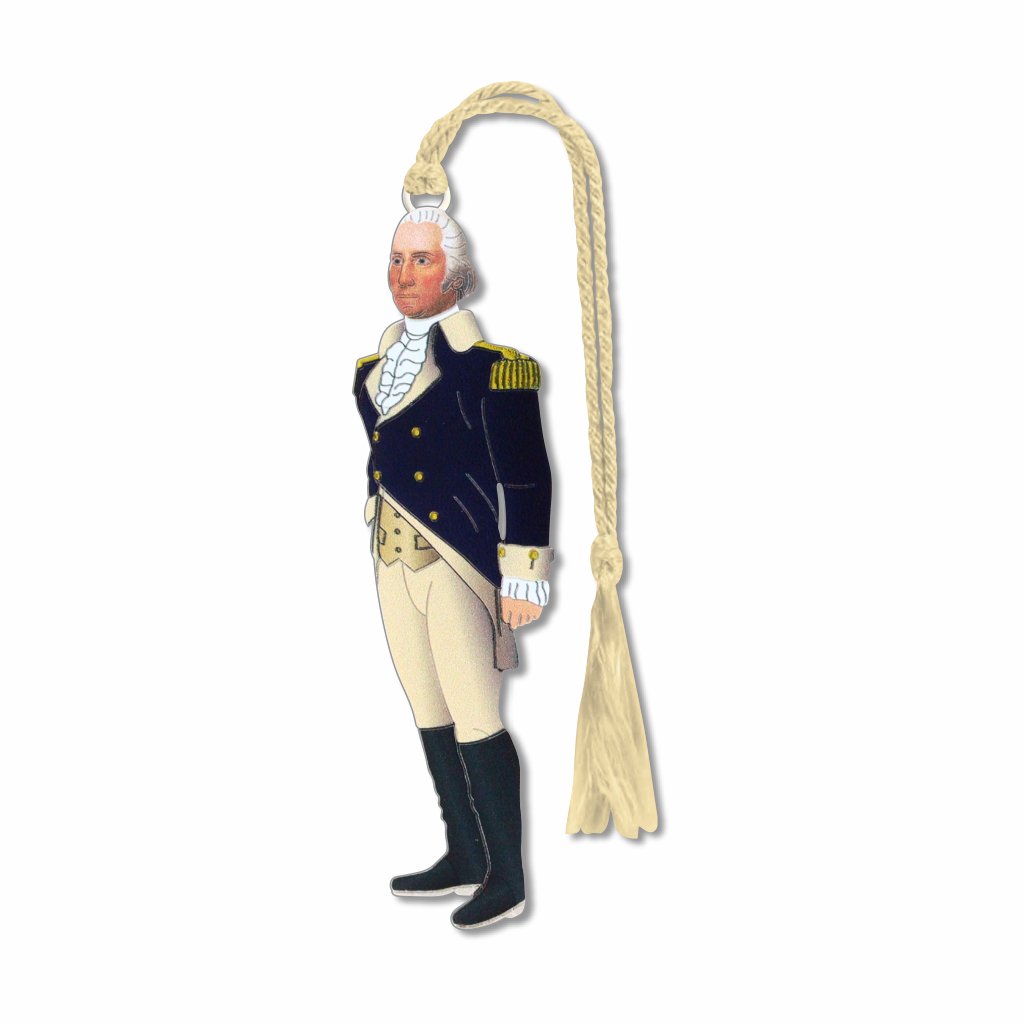 A metal bookmark shaped like George Washington wearing a blue coat military uniform. The bookmark is finished in a silver color with details in black and gold and cream braided tassel.