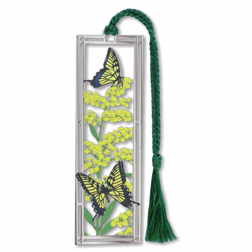 Silver metal bookmark of yeoolw golden rod and swallowtail butterflies with green braided tassel.
