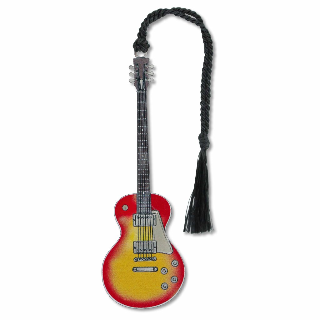 Guitar metal bookmark featuring a stylized electric guitar inspired by instruments first introduced in the 1930s. Designed to reflect the electric guitar’s reliance on amplification to increase volume and shape tone, the bookmark highlights the instrument’s evolution from big band accompaniment to a central role in modern popular music with black braided tassel.