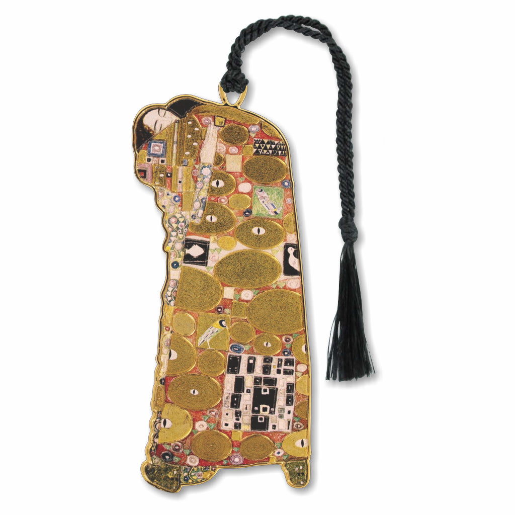 Metal bookmark of Gustav Klimt. An Austrian Symbolist painter and a leading member of the Vienna Secession movement, known for his richly decorative paintings, murals, sketches, and other works of art. His work often focused on the female form and was characterized by sensuality, elaborate patterns, and themes of eroticism and symbolism. Black braided tassel.