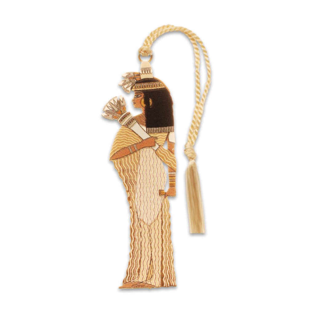 Hatshepsut with Lotus metal bookmark inspired by ancient Egyptian tomb art, featuring Queen Hatshepsut adorned with lotus flowers and ornate ceremonial dress with ream braided tassel.