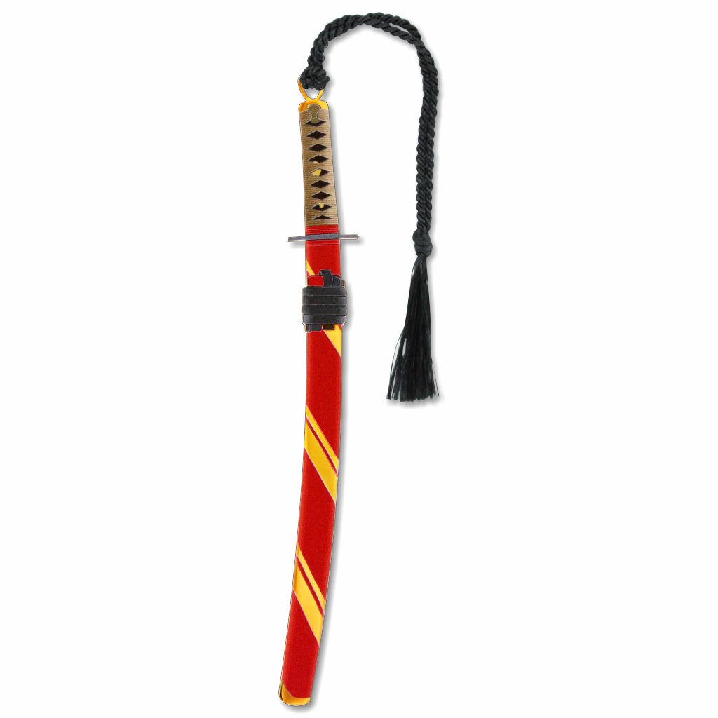 A replica of a Japanese daito sword with a red and gold sheath, featuring a spiral gold design on the sword handle and a black tassel.